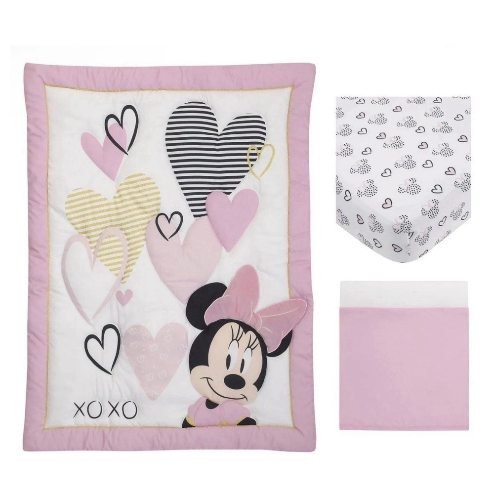 Disney Baby Minnie Mouse Hearts 3 Piece Crib Bedding Comforter Set Pink New C1